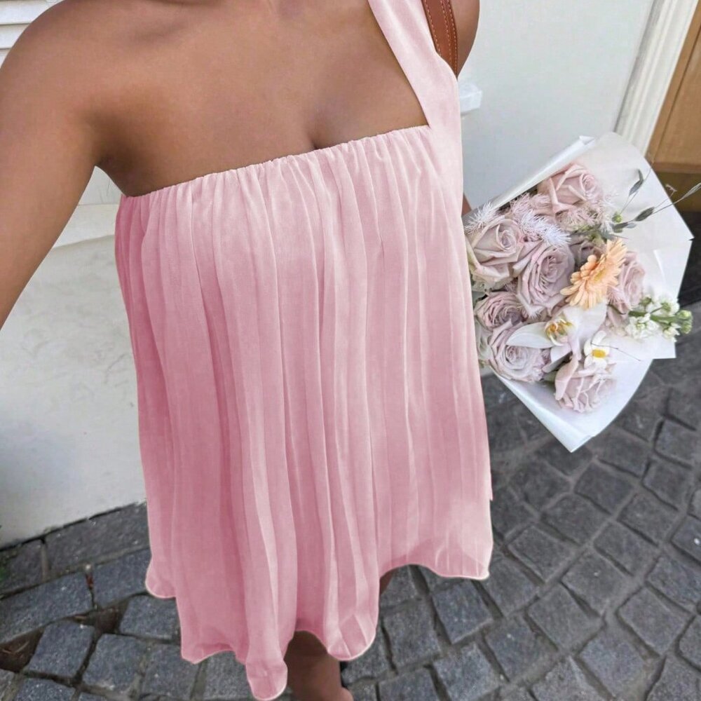 Baby Pink Casual Women's Plain Color Pleated A-Line Mini Cami Dress - Picture 6 of 6